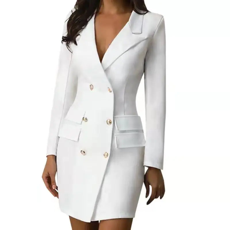 Elegant White Double-Breasted Suit Dress